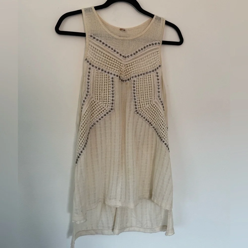 Free People Women's Cream Beaded Crochet-Detail Tank Top - Picture 2 of 7